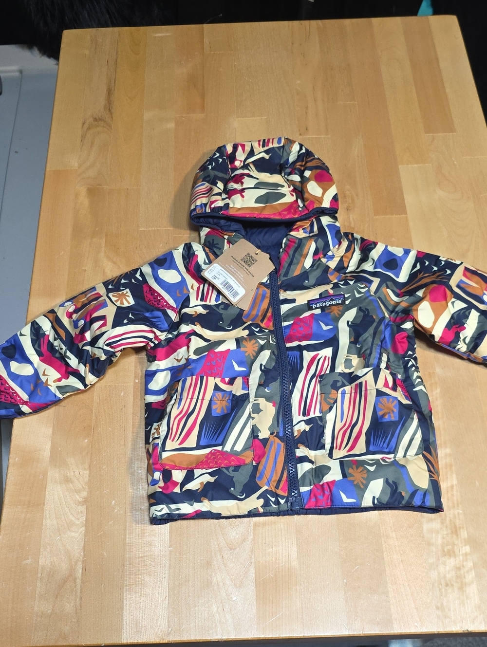 Patagonia Kids Multicolor Hooded Puffer Jacket — Navy, Red, Yellow, Beige